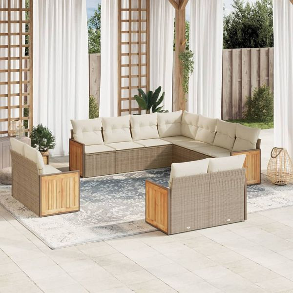 vidaXL 11-teilig Garten-Sofagarnitur mit Kissen Beige Poly Rattan, 3260581