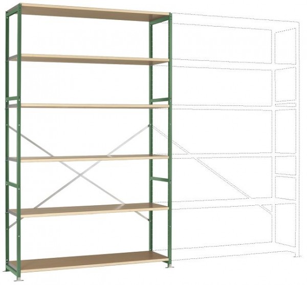 Manuflex Großfach-Steckregal Grundregal mit 6 Holzverbundböden, HxBxT = 2500 x 1530 x 500 mm, resedagrün, RP1342.6011