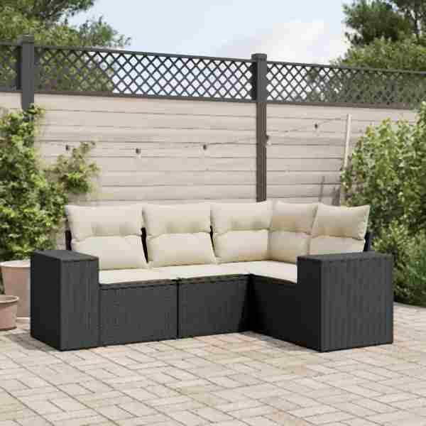 vidaXL 4-tlg. Garten-Sofagarnitur mit Kissen Schwarz Poly Rattan, UV-beständig, 3222505