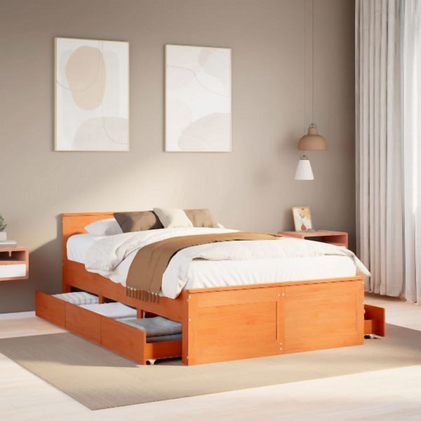 vidaXL Massivholzbett ohne Matratze mit Kopfteil Wachsbraun 135x190 cm, 3308782