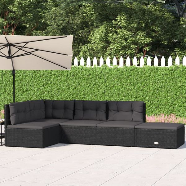 vidaXL 5-teilig Garten-Lounge-Set mit Kissen Schwarz Poly Rattan, 319595