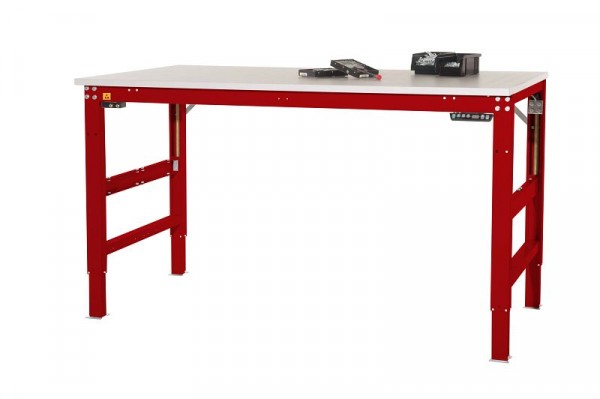 Manuflex ESD-Arbeitstisch UNIVERSAL ERGO E Memory mit Kautschukplatte, BxTxH = 1750 x 800 x 722-1002 mm, Rubinrot, LU9583.3003