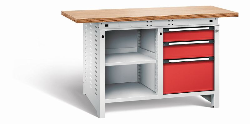 Otto Kind Werkbank Serie function Typ 212, Multiplexplatte, überstehend, 2x Unterbau, 1x Zentralverschluss, Gehäuse RAL 7035, Front RAL 3000, 072342234