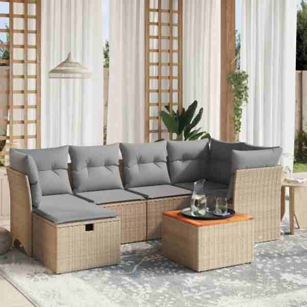 vidaXL 7-tlg. Garten-Sofagarnitur mit Kissen Beige Poly Rattan, UV-beständig, 3264727