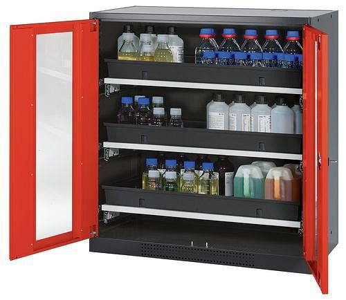 asecos Chemikalienschrank Systema-T CS-103G, Korpus anthrazit, Flügeltüren rot, 3 Tablarauszüge, 208824