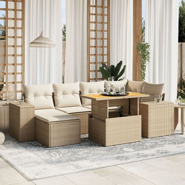 vidaXL 7-teilig Garten-Sofagarnitur mit Kissen Beige Poly Rattan, 3275928