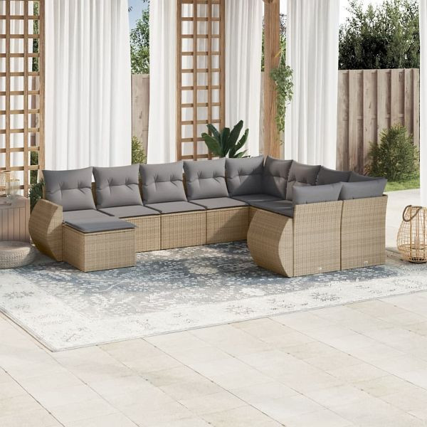vidaXL 10-tlg. Garten-Sofagarnitur mit Kissen Beige Poly Rattan, 3221858