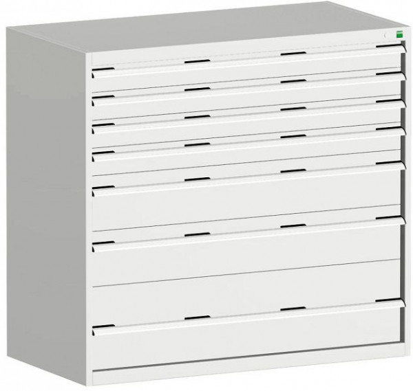 bott cubio Schubladenschrank bestückt mit 7 Schwerlastschubladen BxTxH: 1300 x 750 x 1200 mm, RAL 7035, 40030074.16V