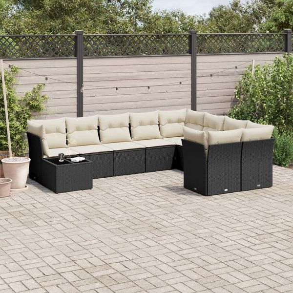 vidaXL 10-teilig Garten-Sofagarnitur mit Kissen Schwarz Poly Rattan, 3218186