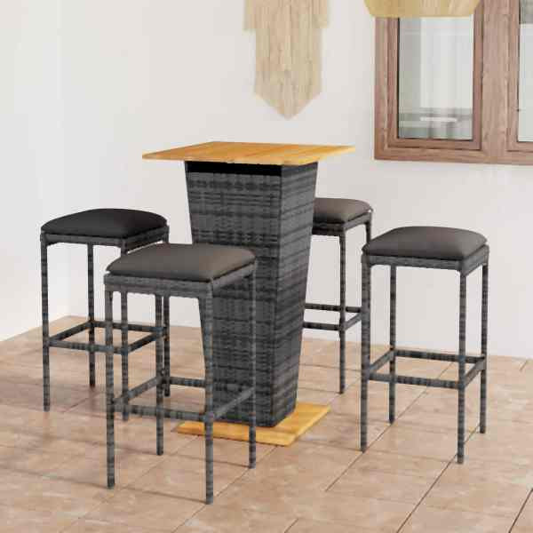 vidaXL 5-tlg. Gartenbar-Set mit Kissen Poly Rattan Grau, 3064851