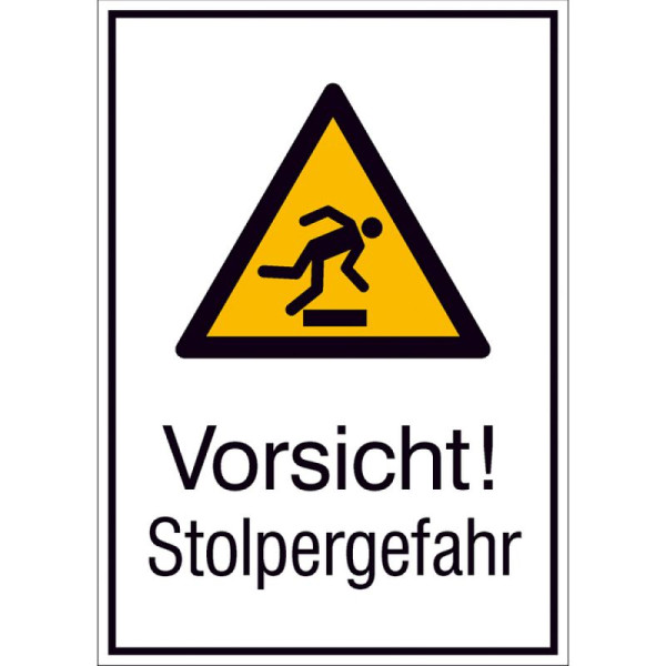 Stein HGS Kombischild mit Warnzeichen und Zusatztext, Vorsicht! Stolpergefahr, 131 x 185 mm / Folie, selbstklebend, 21.a8025