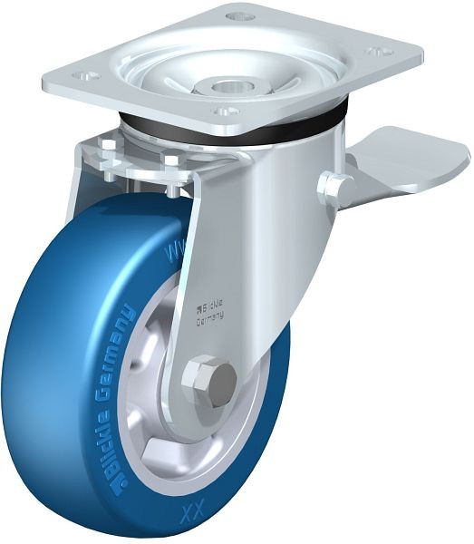 Blickle LK-ALBS 150K-ST Stahlblech-Lenkrolle, schwere Ausführung, mit Anschraubplatte & Feststeller, Blickle Besthane® Soft, Blau, 852447