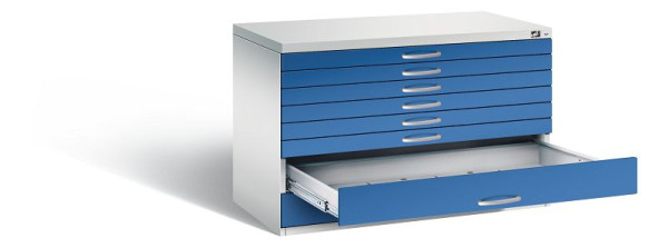 C+P Flachablageschrank Serie 7100_7200, H760xB1100xT765mm, Farbe: Lichtgrau / Enzianblau, Bügelgriff, 7101-200 S10207