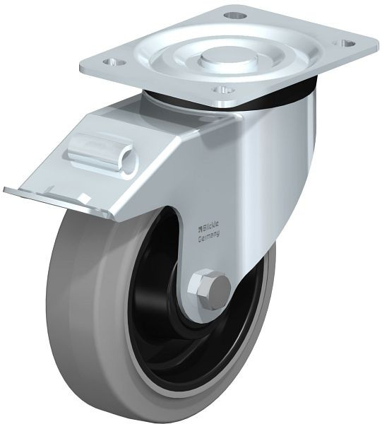 Blickle L-POEV 160KD-FI-SG Stahlblech-Lenkrolle, mittelschwere Ausführung, mit Anschraubplatte & Feststeller, Elastik-Vollgummi, Grau, 704106