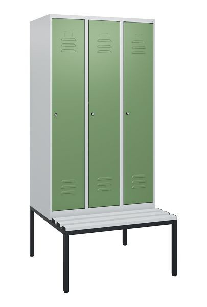 C+P Umkleidespind Classic PLUS, mit untergebauter Sitzbank, 3 Abteile, 1950x900x815mm, 7035/6011, Zylinderschlösser, 0800505-30 S10051
