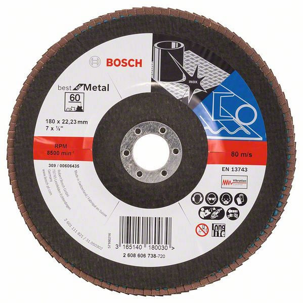 Bosch Fächerschleifscheibe X571 Best for Metal, gewinkelt, 180 mm, 60, Glasgewebe, VE: 10 Stück, 2608606738