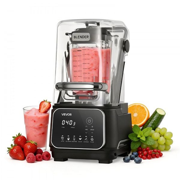 VEVOR Standmixer 2 L mit Schutzabdeckung, 2200 W, einstellbare Drehzahl, 6 Programme, Selbstreinigung, Schwarz, DJYZSBJBJ2L1AURSF001V2