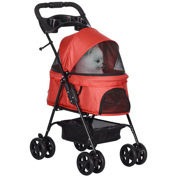 PawHut Hundebuggy Hundewagen bis 4 kg Klappbar Netzfenster Bodenkorb Becherhalter abnehmbares Dach rot, D00-127RD
