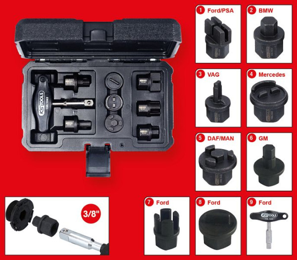 KS Tools 3/8" Öldienst-Spezialprofil-Satz für Kunststoff-Ölablassschrauben, 9-teilig, 150.1040
