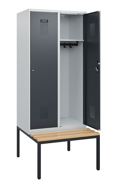 C+P Spind Evolo PLUS, 2 Abteile, 1950x800x815mm, 7035/7016, Zylinderschloss, Sitzfläche Buche-Hartholz, Sitzbank, 0490505-22 S10039