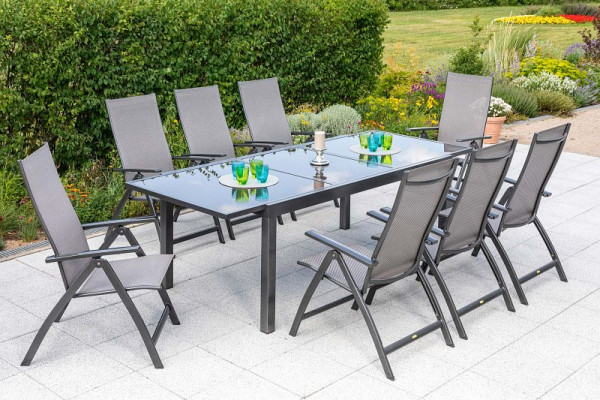 Merxx Vicenza Set 9-teilig, 8 Klappsessel, 1 Ausziehtisch, 180 (240) x 100 cm, graue Glasplatte, graphit/diamantbraun, 50287-217
