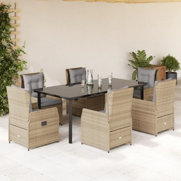 vidaXL 7-tlg. Garten-Essgruppe mit Kissen Beige Poly Rattan, 3262880