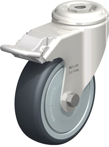 Blickle LKRXA-TPA 101KD-11-FI-FK Edelstahl-Apparate-Lenkrolle mit Rückenloch & Feststeller, Thermoplastisches Gummi-Elastomer, Grau, 574517
