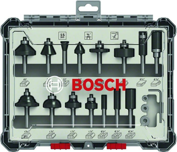 Bosch Fräser-Set, 1/4 Zoll-Schaft, 15-teilig, 2607017473