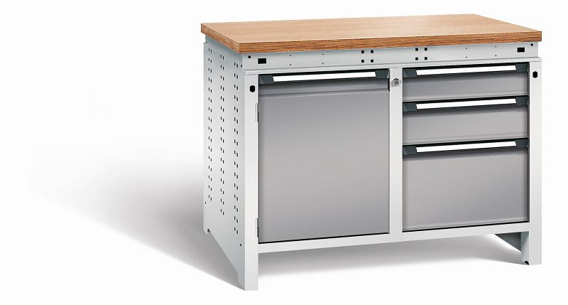 Otto Kind Werkbank Serie function Typ 213, Multiplexplatte 40 mm, bündig, 2x Unterbau + Zentralverschluss, Gehäuse RAL 7035, Front RAL 7037, 072343167
