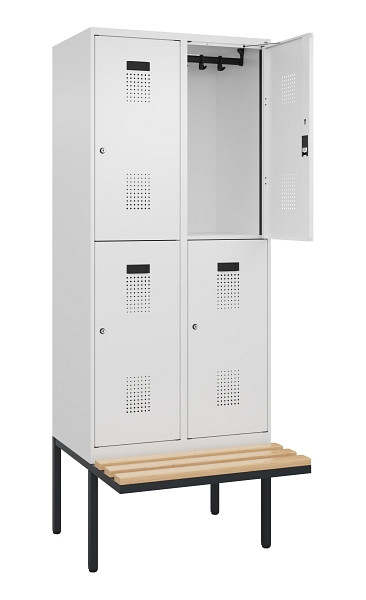 C+P Doppelstock-Spind Evolo PLUS, Bank, 4 Fächer, 2120x800x815mm, 9016/9016, Zylinderschloss, Sitzfläche Buche-Hartholz, 0493407-22 S10047