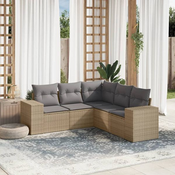 vidaXL 5-tlg. Garten-Sofagarnitur mit Kissen Beige Poly Rattan, 3254886