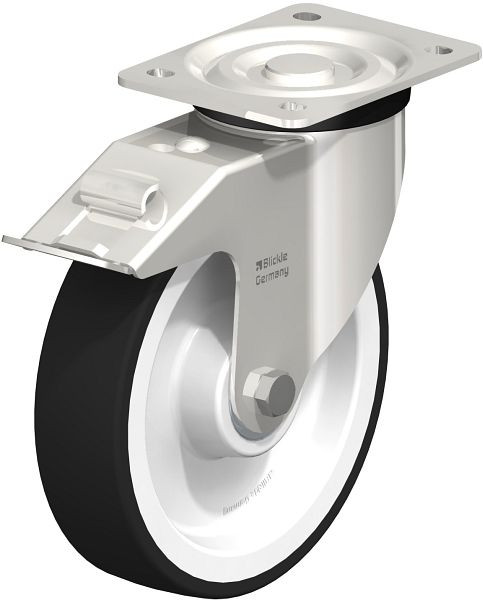 Blickle LX-POTH 200XK-FI Edelstahl-Lenkrolle, mittelschwere Ausführung, mit Anschraubplatte & Feststeller, Thermoplastisches Polyurethan, Grau, 583138