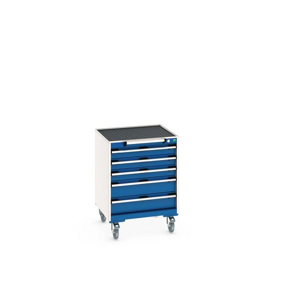 bott cubio Schubladenschrank mobil bestückt, mit 5 Schubladen, BxTxH: 650x650x885mm, RAL 5010, Enzianblau, 40402031.11V