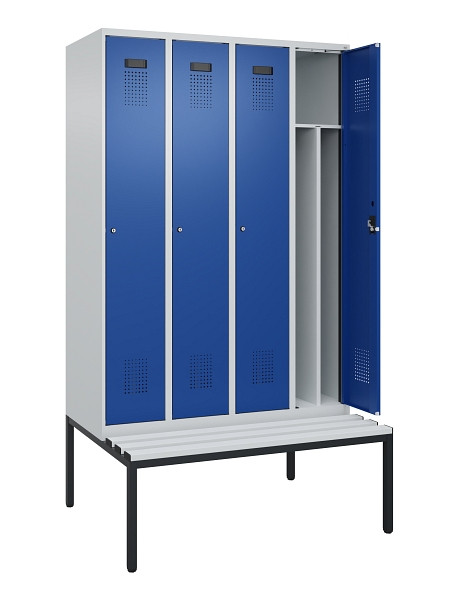 C+P Spind Evolo PLUS, 4 Abteile, 2120x1200x815mm, 7035/5010, Haken 4, Zylinderschloss, Sitzfläche Kunststoff, Sitzbank, 0490507-40F S10087