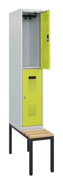 C+P Doppelstöckiger Spind Evolo PLUS, Bank, 2 Fächer, 1950x300x815mm, 7035/0024, Zylinderschloss, Sitzfläche Buche-Hartholz, Sitzbank, 0493505-10 S10042