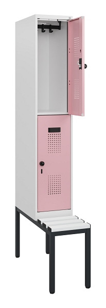C+P Doppelstöckiger Spind Evolo PLUS, Bank, 2 Fächer, 1950x300x815mm, 9016/3015, Drehriegel, Sitzfläche Kunststoff, Sitzbank, 0493505-10 S10116