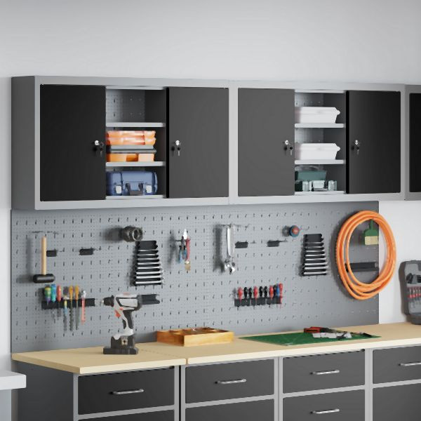 vidaXL 4-teiliger Werkzeugschrank und Pegboard-Set zur Wandmontage Schwarzes Metall, 3321406