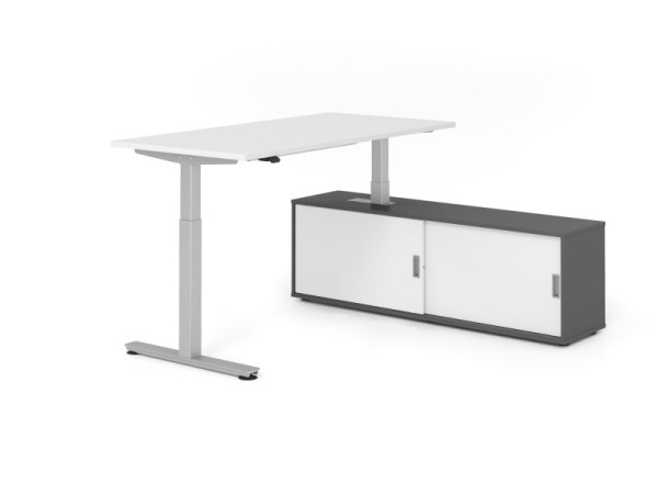 Hammerbacher Schreibtisch XMST16, 160x80cm, Platte: Weiß, T-Fuß Gestell Silber, Höhe: 71 - 120 cm, Graphit / Weiß, VXMST16SB/W/S/G/W