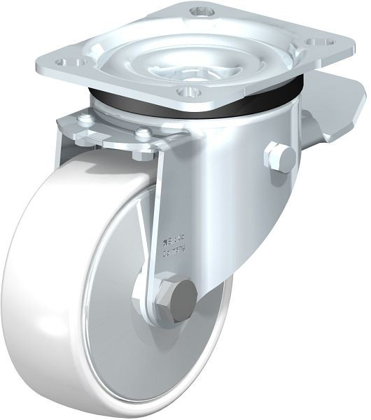 Blickle LK-PO 100G-1-ST-FA Stahlblech-Lenkrolle, schwere Ausführung, mit Anschraubplatte & Feststeller, Polyamid, Weiß, 326447