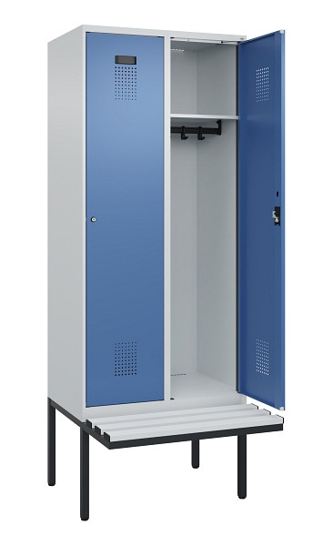 C+P Spind Evolo PLUS, 2 Abteile, 2120x800x815mm, 7035/5023, Haken 4, Zylinderschloss, Material Sitzfläche Kunststoff, 0490407-22 S10089