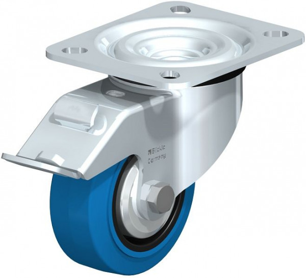 Blickle L-POEV 80G-FI-SB-FA Stahlblech-Lenkrolle, mittelschwere Ausführung, mit Anschraubplatte & Feststeller, Elastik-Vollgummi, Blau, 850433