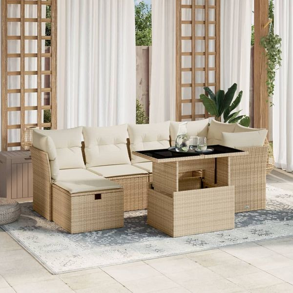 vidaXL 7-tlg. Garten-Sofagarnitur mit Kissen Beige Poly Rattan, 3274658