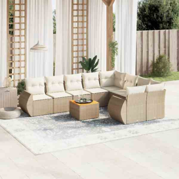 vidaXL 10-tlg. Garten-Sofagarnitur mit Kissen Beige Poly Rattan, UV-beständig, 3225162