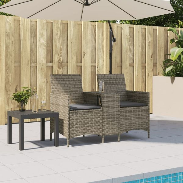 vidaXL Gartensofa 2-Sitzer mit Tisch und Kissen Grau Poly Rattan, 4003886
