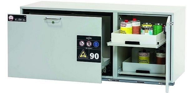 asecos Kombi-Sicherheitsschrank K-UB-90, K90.060.140.050.UB.ST in grau mit 1x Schubladenwanne STAWA-R, 2 Tablarauszüge, 30370-001-30372