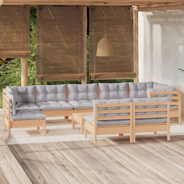 vidaXL 10-teilig Garten-Lounge-Set mit Grauen Kissen Kiefer Massivholz, 3096483