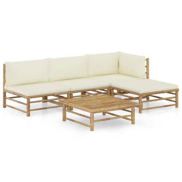 vidaXL 5-teilig Garten-Lounge-Set mit Cremeweißen Kissen Bambus, 3058191