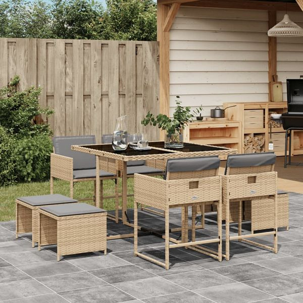 vidaXL 9-tlg. Garten-Essgruppe mit Kissen Beigemischung Poly Rattan, 3211320