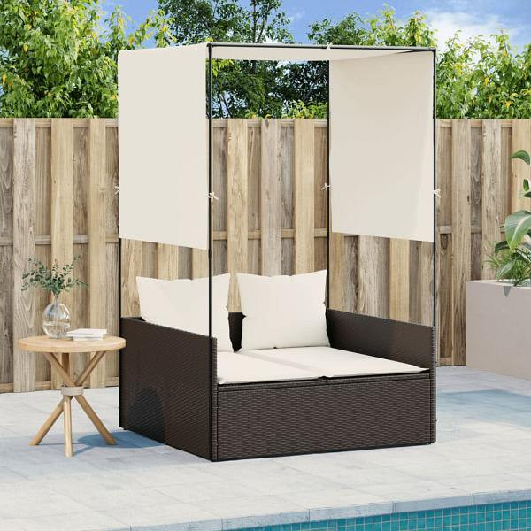 vidaXL Doppel-Sonnenliege mit Dach und Vorhängen Braun Poly Rattan, UV-beständig, 4002756