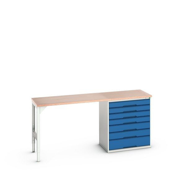 bott verso Unterbauwerkbank (Multiplex) mit 7 Schubladen (Breite: 800mm) BxTxH: 2000 x 600 x 930 mm, Lichtgrau / Enzianblau, 16921954.11